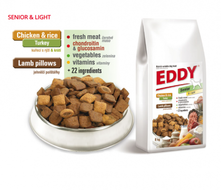 Hrana Uscata - Eddy Senior & Light Dog 8kg  Hrana premium, completa ,cu pernute umplute (min. 31%)cu carne de pui, peste & miel ,recomandata cainilor in varsta si/sau supraponderali , toate rasele si taliile