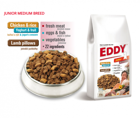 Hrana Uscata - Eddy Junior Medium & Mini Breed Dog 8 kg - Hrana premium completa cu pernute cu carne( min 38% ) de Pui , Peste , Miel & Iaurt , pentru caini Juniori de rase medi si mici.