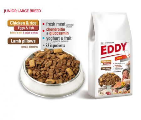 Hrana Uscata - Eddy Junior Large Breed Dog 8 kg  - Hrana premium completa cu pernute cu carne (min. 37% )  Pui, Peste, Miel & Iaurt , pentru caini Juniori de rase mari si giant,