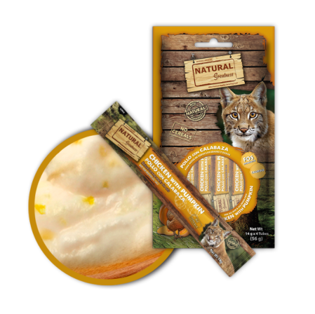 Hrana Umeda - Gustare cremoasa , naturala , hipoalergenica pentru pisici de la 2 luni cu pui si dovleac cu rol suplimentar de sustinere a functiei digestive 4 x 14 gr.