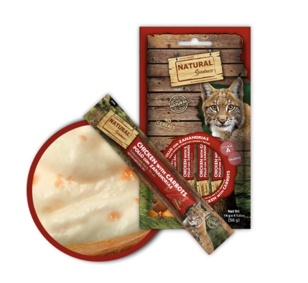 PISICI - Gustare cremoasa , naturala , hipoalergenica pentru pisici de la 2 luni cu pui si morcovi cu rol suplimentar de sustinere a functiei vizuale 4 x 14 gr.