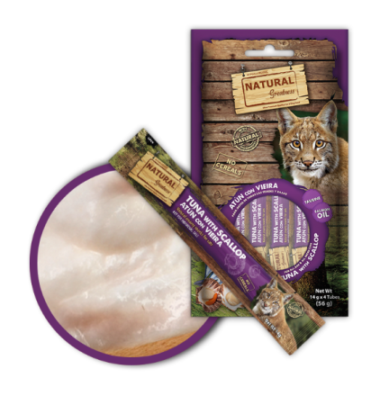 Recompense - Gustare cremoasa , naturala , hipoalergenica pentru pisici de la 2 luni, cu ton si scoici Saint Jacques, cu rol suplimentar in stimularea funcției creierului în toate etapele vieții 4 x 14 gr.