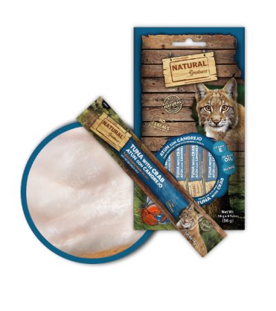 Recompense - Gustare cremoasa , naturala , hipoalergenica pentru pisici de la 2 luni, cu ton si crab, cu rol suplimentar in menținerea unei pielii sănătoase și a unei blăni mătăsoase și strălucitoare   4 x 14 gr.