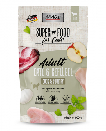 Hrana Umeda - Hrana completa , umeda , Ultra Premium pentru pisici , cu 97 % carne de rață și păsări de curte . MAC's Cat Pouch with Duck & Poultry 100g
