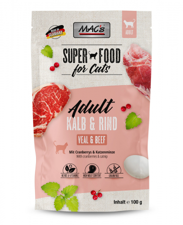 PISICI - Hrana completa , umeda , Ultra Premium pentru pisici , cu 97% carne de vitel si vita. MAC's Cat Pouch with Veal & Beef 100g