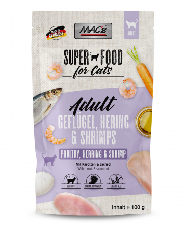 Hrana Umeda - Hrana completa , umeda , Ultra Premium pentru pisici  cu 94% carne de pasare , hering si creveti  . MAC's Cat Pouch with Poultry, Herring & Shrimp 100g