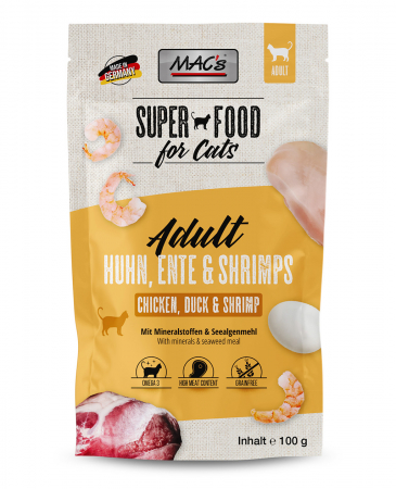 Hrana Umeda - Hrana completa , umeda , Ultra Premium pentru pisici cu 99% carne de pui , rata si creveti . MAC's Cat Pouch with Chicken , Duck & Shrimp 100g