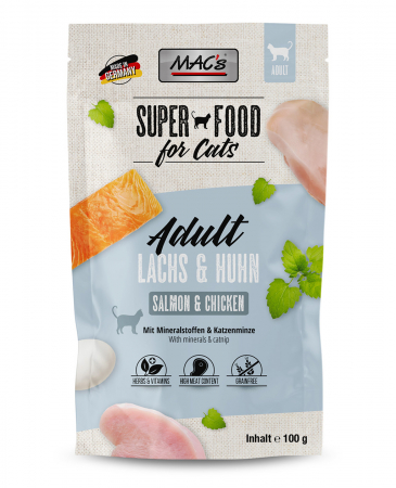 Hrana Umeda - Hrana completa , umeda , Ultra Premium pentru pisici , cu 99% carne de somon si pui. MAC's Cat Pouch with Salmon & Chicken 100g
