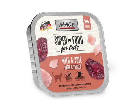 PISICI - Hrana completa , umeda , Ultra Premium pentru pisici cu 99% carne de vanat si curcan . Macs cat  game & turkey 100g
