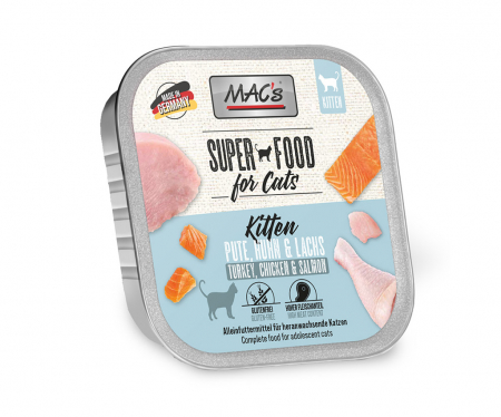 PISICI - Hrana completa , umeda , Ultra Premium pentru pisici kitten cu 99% carne de curcan, pui si somon . Macs cat kitten tourkey , chicken & salmon 100g - MAC's