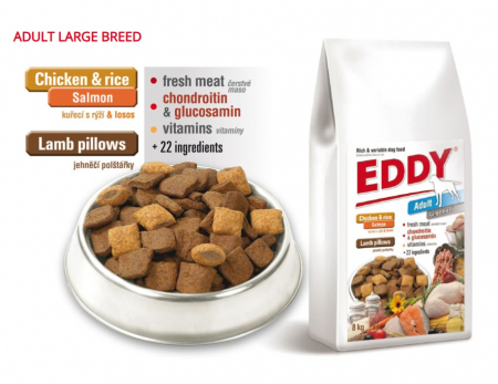 Hrana Uscata - Eddy Adult Large Breed Dog 8kg Hrana premium, completa cu pernute umplute cu (min. 34%) carne de Pui , Peste si Miel , recomandata cainilor adulti de talii Mari & Giant