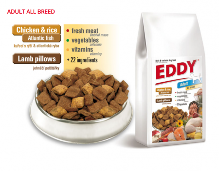 Hrana Uscata - Eddy Adult All Medium Breed Dog , 8kg -Hrana premium ,completa ,cu pernute umplute cu( min.34%) carne de Pui , Peste si Miel , pentru caini adulti de rase medii