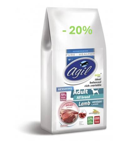 Hrana Uscata - Hrana Super Premium pentru caini adulti , toate rasele cu sensibilitate digestiva cu (min.70%) carne de Miel & Caprioara , fara cereale. AGIL ADULT SENSITIVE ALL BREED DOG 10kg