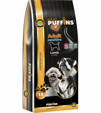 Hrana Uscata - Hrana Ultra Premium pentru caini adulti cu sensibilitate digestiva cu pernute umplute cu carne de miel si caprioara Puffins Adult Medium Sensitive Lamb & Venison 15KG