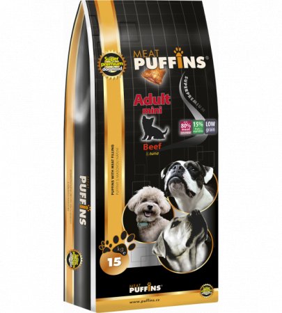 Hrana Uscata - Hrana Ultra Premium pentru caini adulti de talie mare cu pernute umplute cu carne de vita,miel si somon Puffins Adult Maxi Beef , Lamb & Salmon 15KG - PUFFINS Naturals