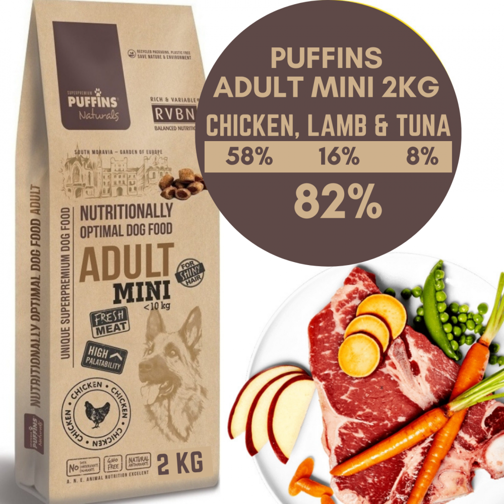 Hrana Uscata - Hrana Ultra Premium pentru caini adulti de talie mica cu pernute umplute cu carne de  pui , miel si ton Puffins Adult Mini Chicken, Lamb & Tuna 2KG