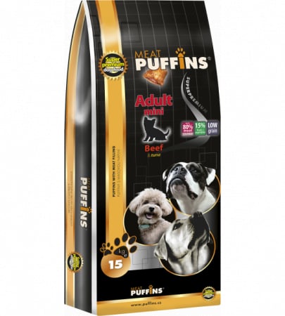 Hrana Uscata - Hrana cu formula Ultra Premium , fara cereale, pentru caini adulti de talie mica cu pernute umplute cu 80% carne de  vita , ton , miel .Puffins Adult Mini Beef, Tuna & Lamb 15 KG