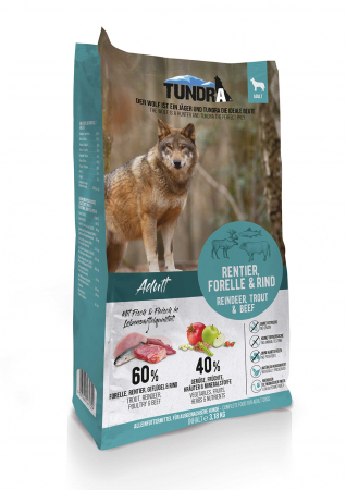 Hrana Uscata - Hrana Ultra Premium , pentru caini adulti de toate rasele ,fara cereale cu 60% carne de ren, pastrav si vita. Tundra Dog  Reindeer , Trout & Beef 3,18 kg