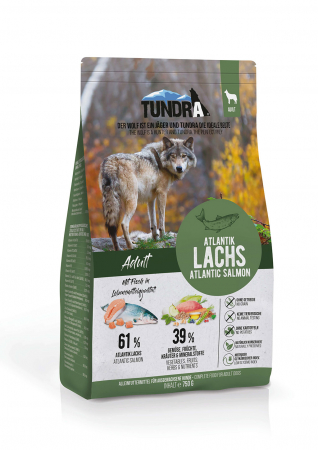 Hrana Uscata - Hrana Ultra Premium ,pentru caini adulti de toate rasele cu o singura sursa de proteina ( Monoproteic ) fara cereale, cu 61 % carne de somon atlantic (61% ) Tundra Dog Atlantic Somon 750g