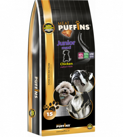 Hrana Uscata - Hrana Ultra Premium pentru caini juniori de talie mare incepand de la 6 saptamani, cu pernute umplute cu carne de pui,miel si ton Puffins Junior MAXI Chicken, Yoghurt & Fruits 15KG