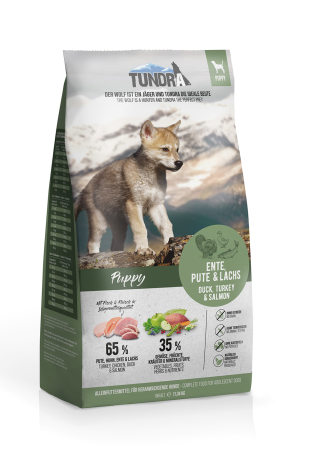 Hrana Uscata - Hrana Ultra Premium ,pentru caini puppy de la 6 saptamani ,  de toate rasele  , fara cereale ,cu 65 % carne de curcan , pui , rata si somon. Tundra Dog Puppy 11,34 kg