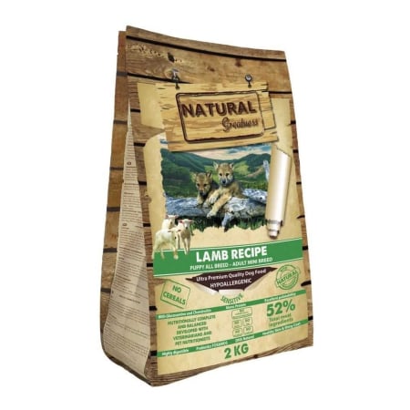 Hrana Ultrapremium,hipoalergenică,fără cereale,cu carne de miel,pentru câini adulți cu digestie sensibilă,căței,femele gestante sau care alăptează,rase mici-medii. Natural Greatness Mini lamb 2kg [1]