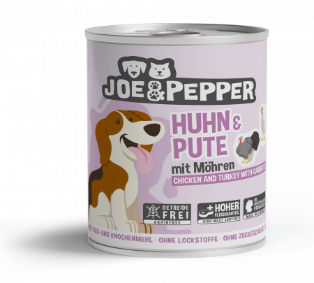 CAINI - Hrana umeda Super Premium pentru caini cu carne de Pui, Curcan (95%) si morcovi Joe & Pepper 800g