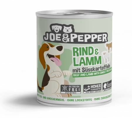 CAINI - Hrana umeda Super Premium pentru caini cu carne de vită, miel (95%) si cartofi dulci - Joe & Pepper 800g