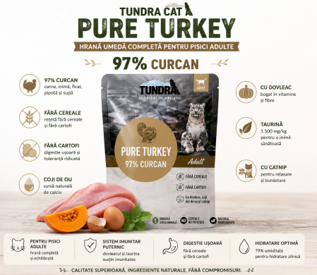 PISICI - Tundra Cat Pure Turkey 85 g - hrană umedă pentru pisici cu 97% curcan