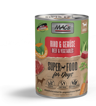 Conserve - Hrana Umeda Ultra Premium pentru caini cu carne proaspata de vita ( minim 69 % )si legume . Mac's dog Beef & Vegetables 400g