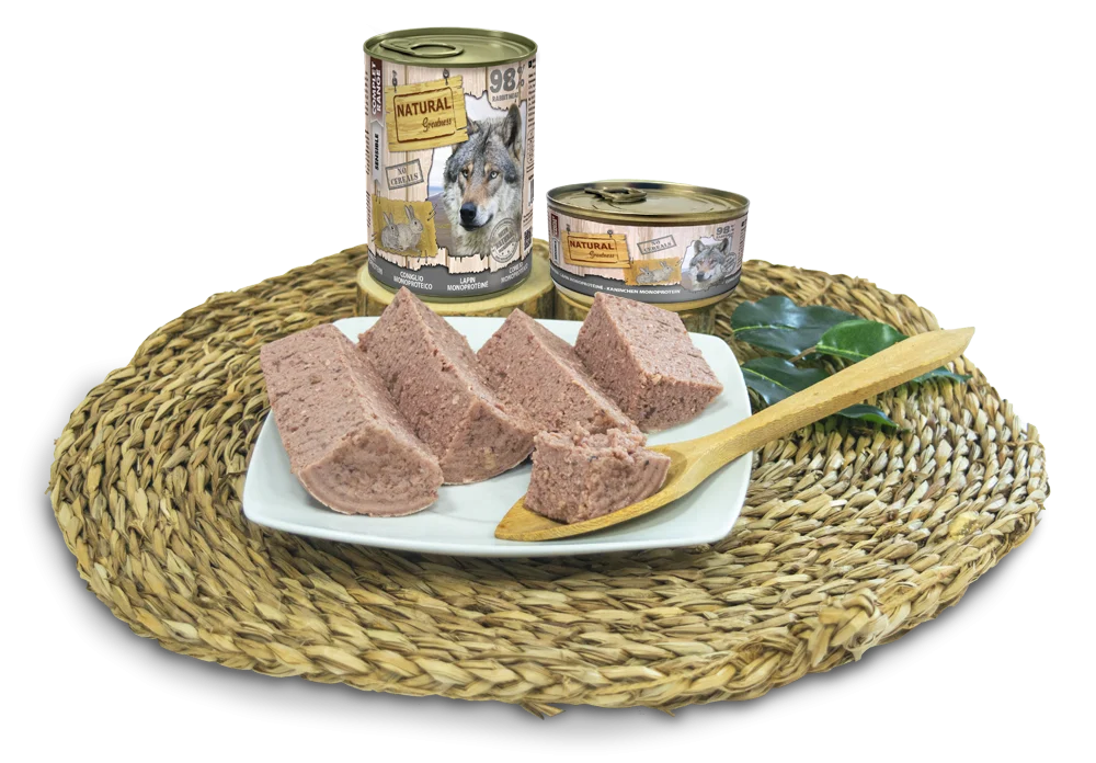 Hrana umeda Ultrapremium , Hipoalergenica , Monoproteica ,pentru caini , fara cereale ,cu carne de iepure ca sursa unica de proteina .Natural Greatness Dog Monoproteic Rabbit Recipe 170g [1]