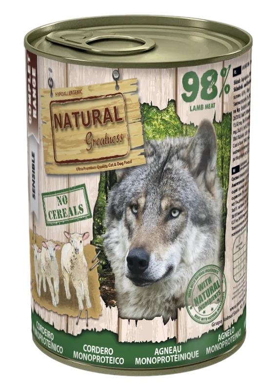 Hrana umeda Ultrapremium , Hipoalergenica , Monoproteica ,pentru caini , fara cereale ,cu carne de iepure ca sursa unica de proteina .Natural Greatness Dog Monoproteic Lamb Recipe 400g [1]