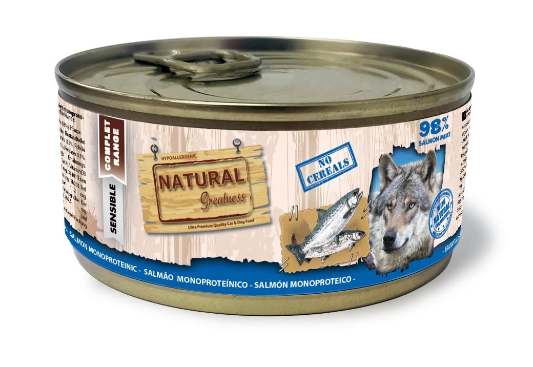 CAINI - Hrana umeda Ultrapremium , Hipoalergenica , Monoproteica ,pentru caini , fara cereale ,cu carne de somon ca sursa unica de proteina .Natural Greatness Dog Monoproteic Somon Recipe 170g
