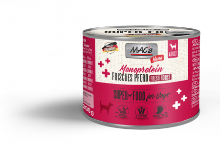 CAINI - Hrana umeda Ultrapremium pentru caini , cu carne de cal ca sursa unica de proteina ( Monoproteica ) MACs Dog Mono Fresh Horse 200g