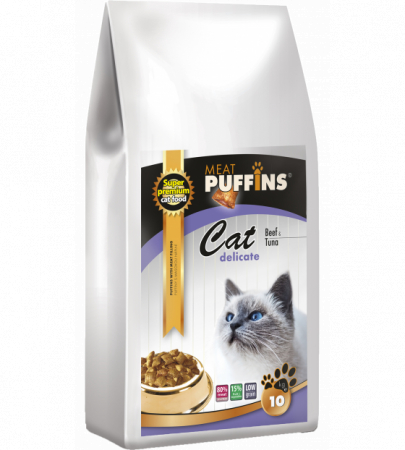 Hrana Uscata - PUFFINS ADULT CAT DELICATE BEEF , TUNA & LAMB 10kg - Hrana uscata Super Premium pentru pisici adulte si mofturoase cu pernute umplute cu carne ( min. 80%) de Vita ,Ton , Miel