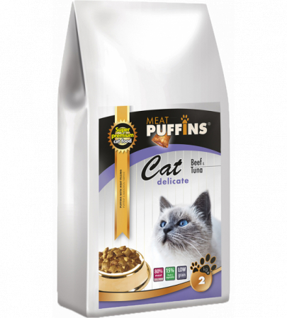 Hrana Uscata - Hrana uscata Puffins ,Super Premium pentru pisici adulte si mofturoase cu pernute umplute cu carne de Vita & Ton 2 kg  Puffins CAT Delicate Beef & Tuna 2Kg