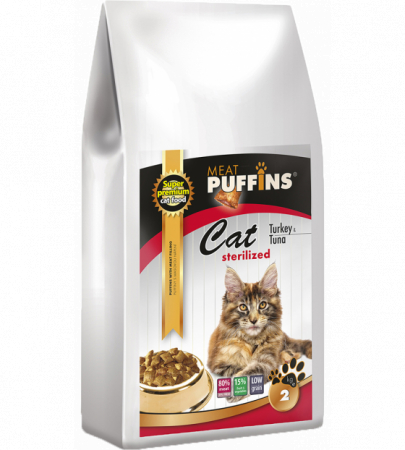 Hrana Uscata - Hrana uscata Super Premium pentru pisici Sterilizate cu pernute umplute cu carne de Curcan , Ton & miel 2 kg  Puffins Cat Sterilised Turkey ,& Tuna 2kg