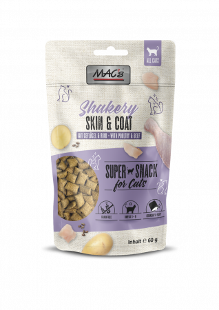 Recompense - Recompense pentru pisici cu umplutura delicată, cremoasă cu carne de pasăre și vită MAC's Cat Shakery Snacks Skin & Coat 60g
