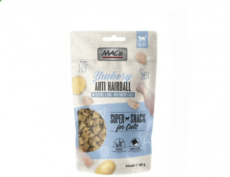 Recompense - Recompense pentru pisici cu umplutură fragedă, cremoasă  din carne de pui.MACs Cat Shakery Snacks Anti-Hairball 60g