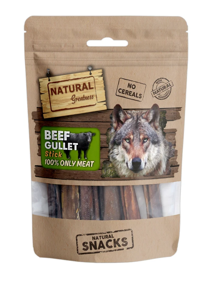 Recompense - Recompense Ultrapremium , Hipoalergenice , Monoproteice din trahee de vita in format de sticks. OM SNACK NATURAL GREATNESS BEEF GULLET STICK 70G