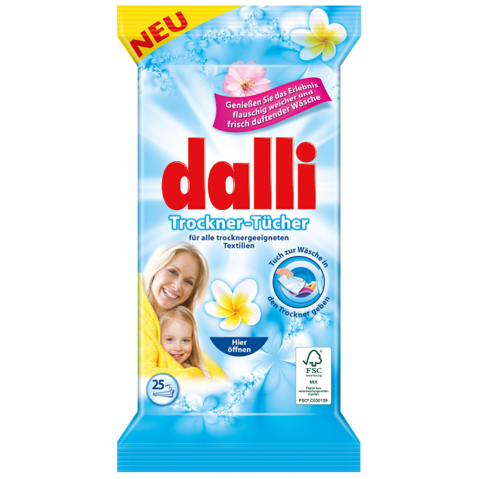 Servetele umede impregnate cu balsam, cu parfum persistent, pentru uscatorul de rufe, marca DALLI [1]