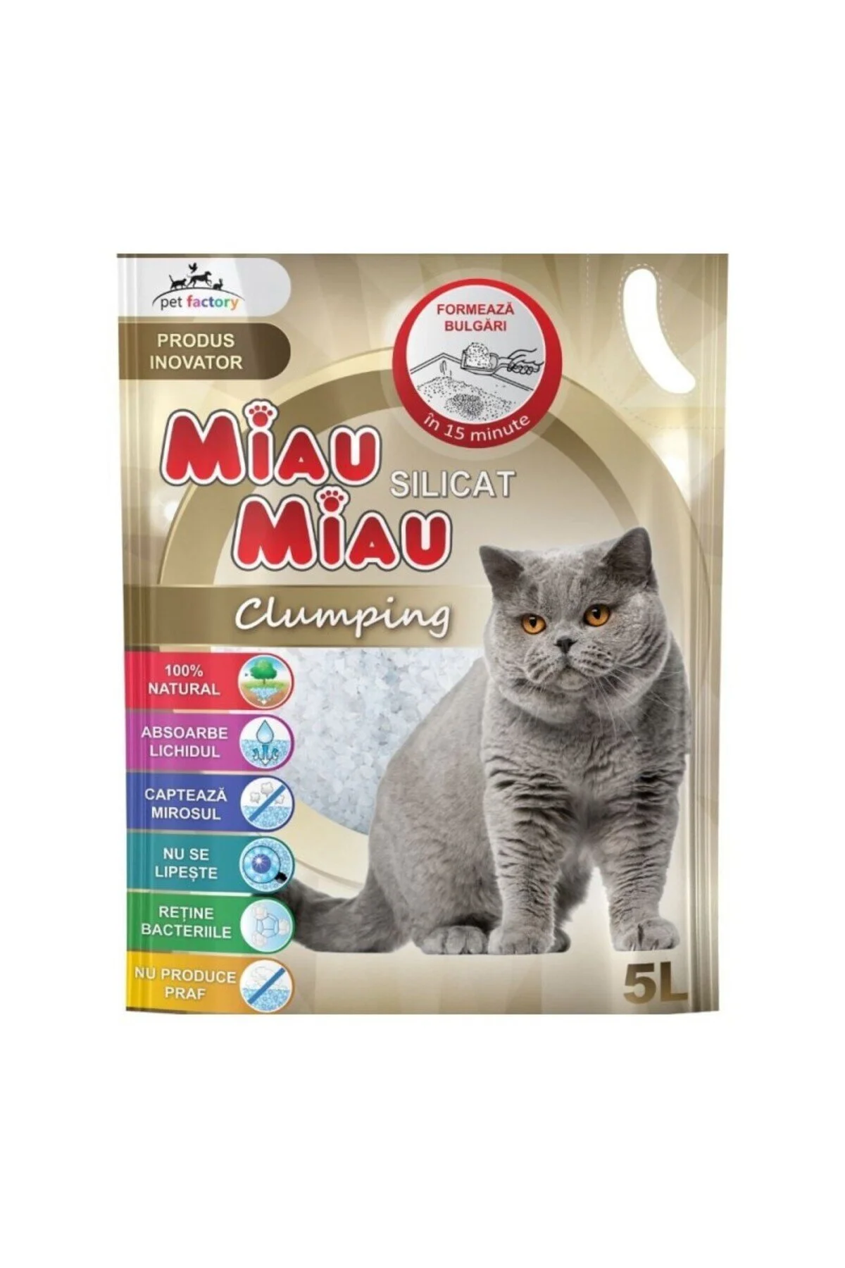 PET - Asternut igienic pentru pisici Miau-Miau, Silicat Clumping, 5L