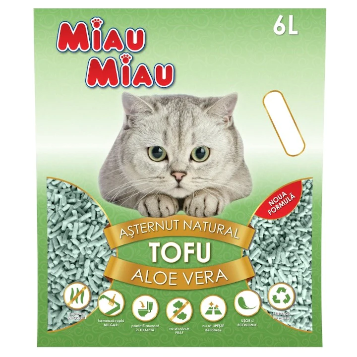 PET - Asternut igienic pentru pisici Miau Miau, Tofu Aloe Vera, 6L