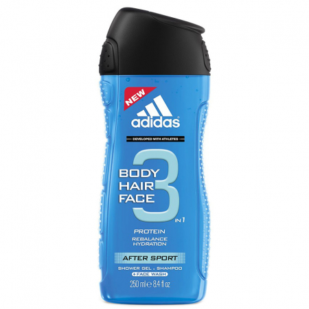 Igiena corpului - Gel de dus 3 in 1 adidas After Sport pentru corp, par si fata, Barbati, 250 ml