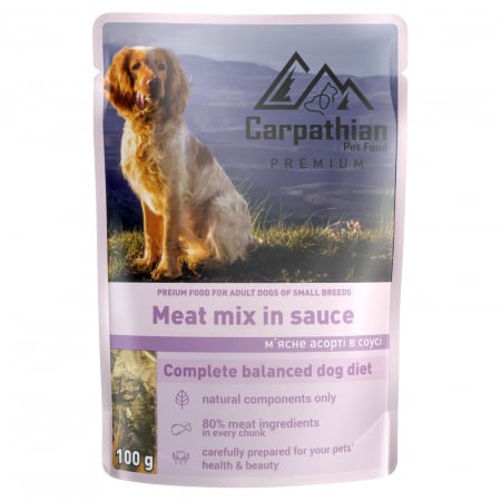 Hrana umeda caini - Hrana umeda pentru caini, Carpathian, carne mix in sos, 100 gr
