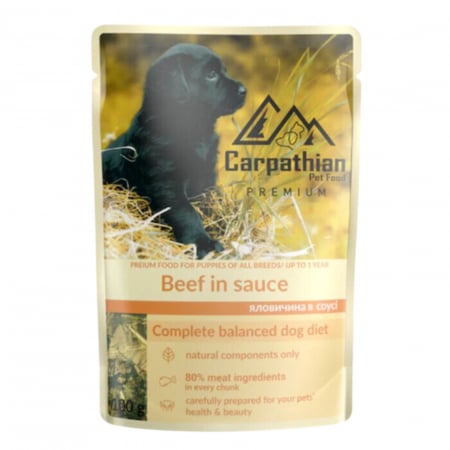 PET - Hrana umeda pentru caini junior, Carpathian, vita in sos, 100 gr