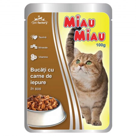 PET - Hrana umeda pentru pisici, Miau Miau, cu iepure in sos, 100 gr