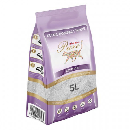 Asternuturi si substraturi animale - Nisip litiera pisici, Miau Miau, Pure White, Lavanda, Bentonita, 5 kg