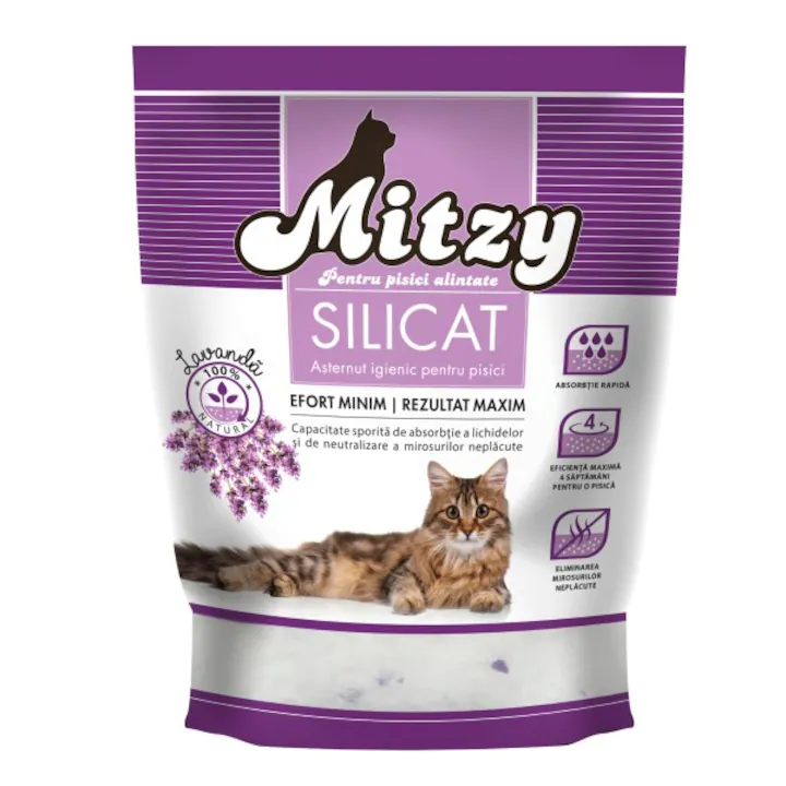 PET - Nisip silicatic pentru pisici, Mitzy, Silicat, Lavanda, 3.8 L