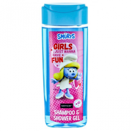 Igiena si ingrijire copii - Sampon si Gel de dus pentru fete Sence The Smurf cu parfum de Bubble Gum, Formula delicata, 210 ml